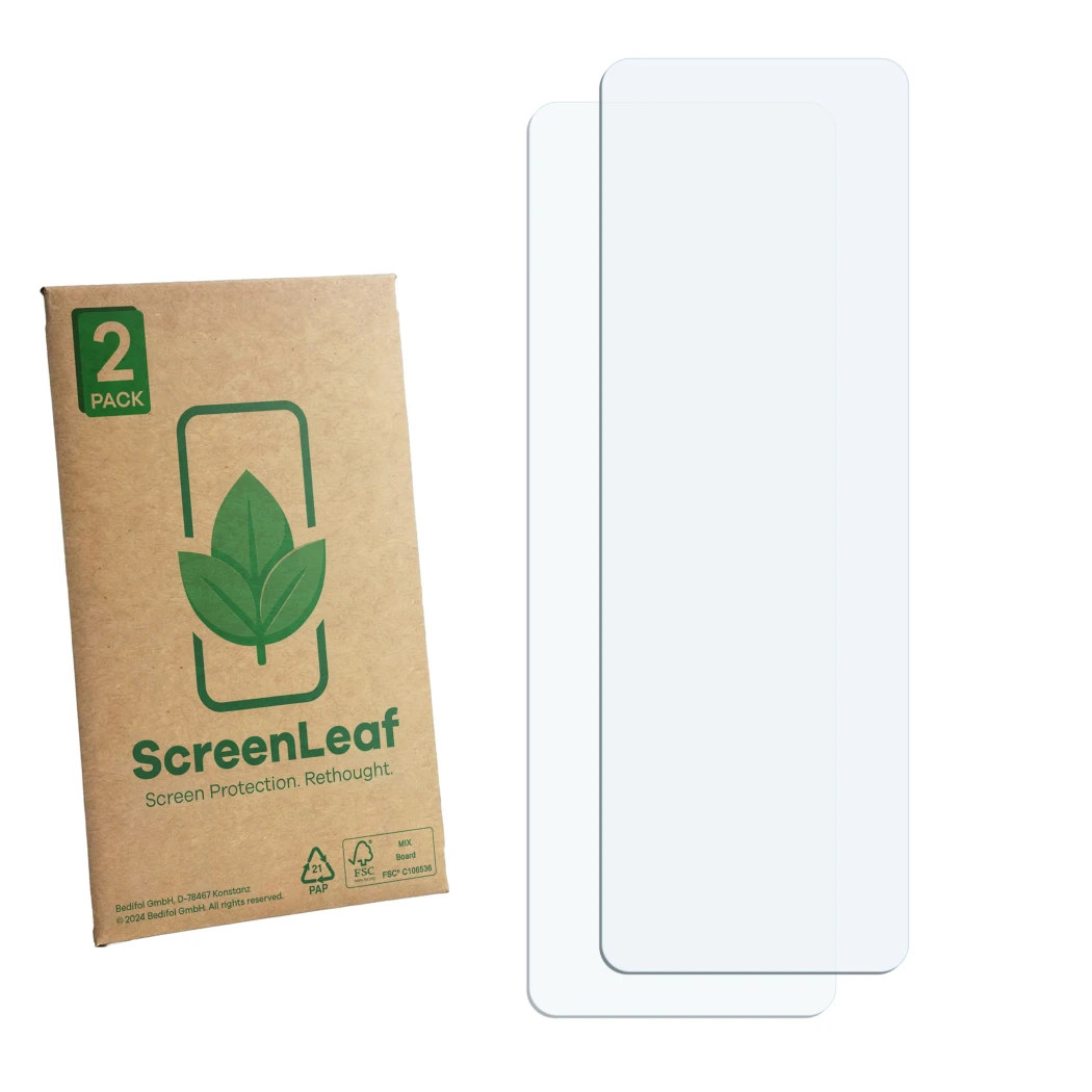 Parte frontale di una confezione del prodotto con il logo del marchio ScreenLeaf. Accanto si trova la protezione per lo scherm