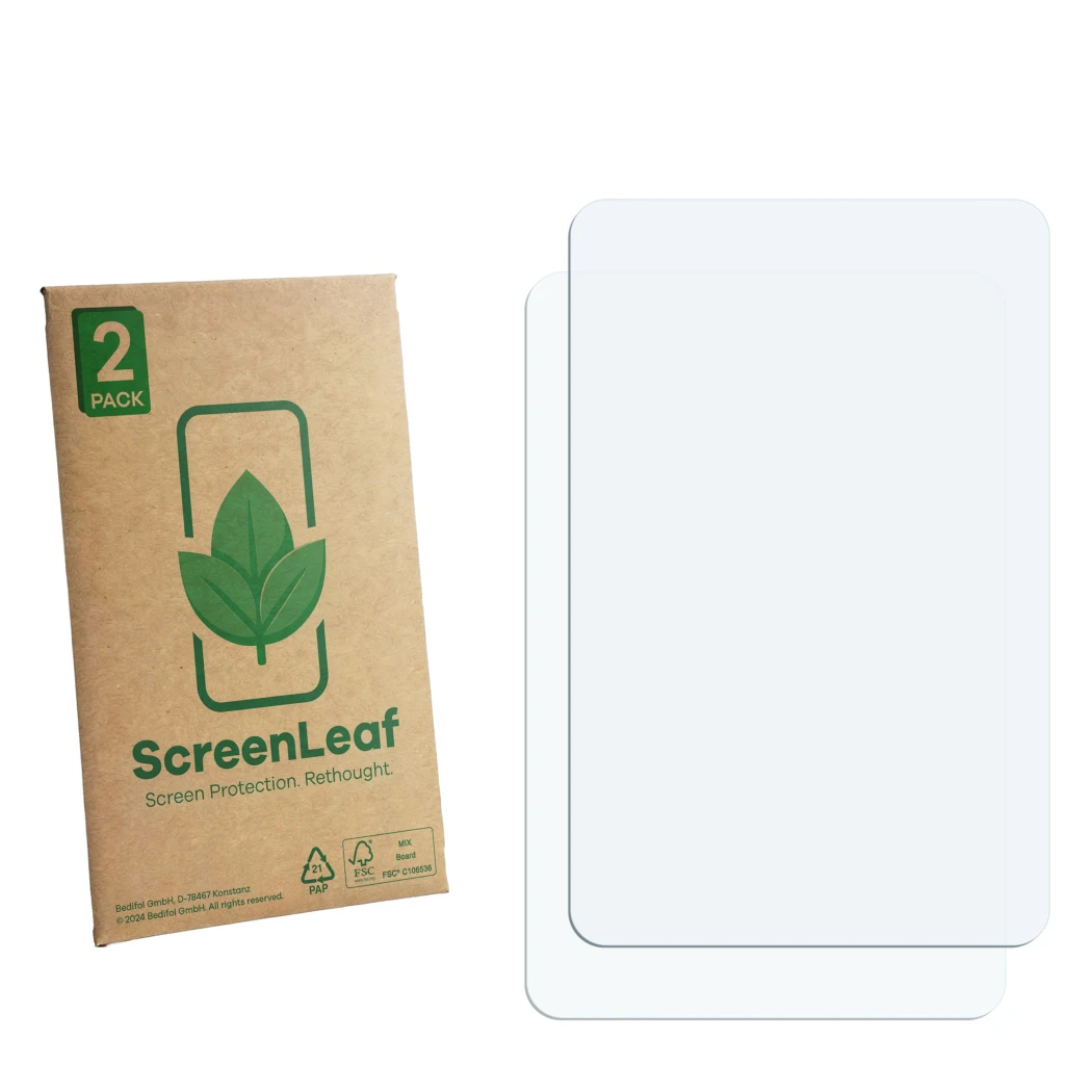 Parte frontale di una confezione del prodotto con il logo del marchio ScreenLeaf. Accanto si trova la protezione per lo scherm