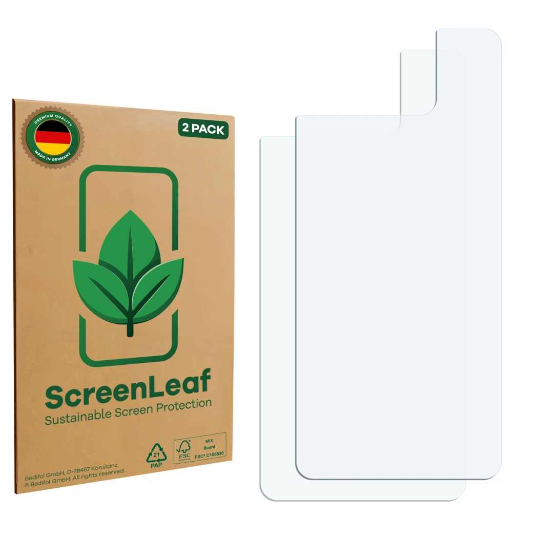 Parte frontale di una confezione del prodotto con il logo del marchio ScreenLeaf. Accanto si trova la protezione per lo scherm