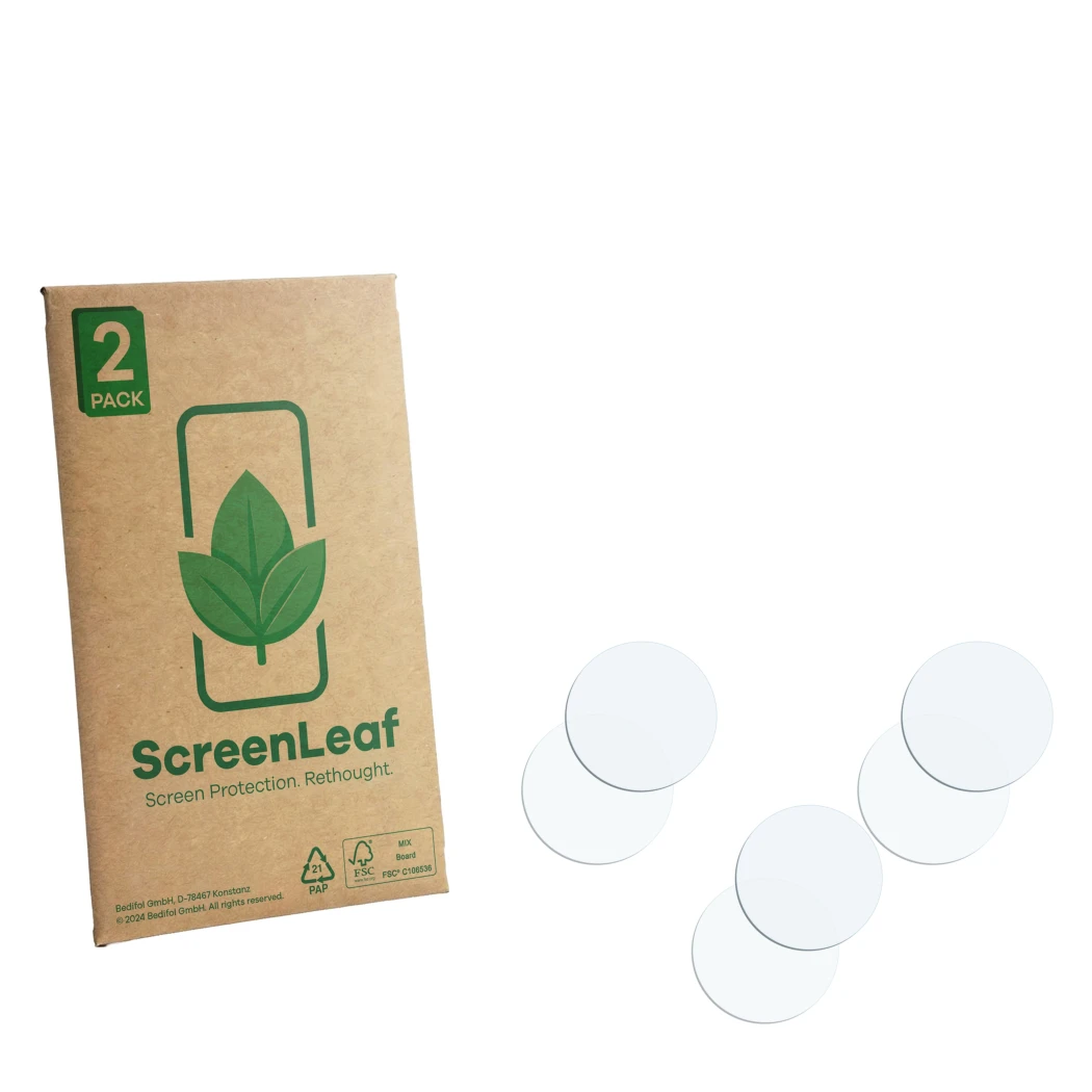 Parte frontale di una confezione del prodotto con il logo del marchio ScreenLeaf. Accanto si trova la protezione per lo scherm