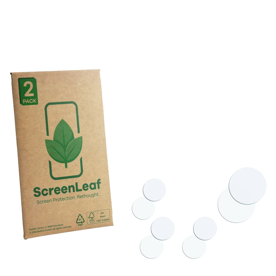 Parte frontale di una confezione del prodotto con il logo del marchio ScreenLeaf. Accanto si trova la protezione per lo scherm