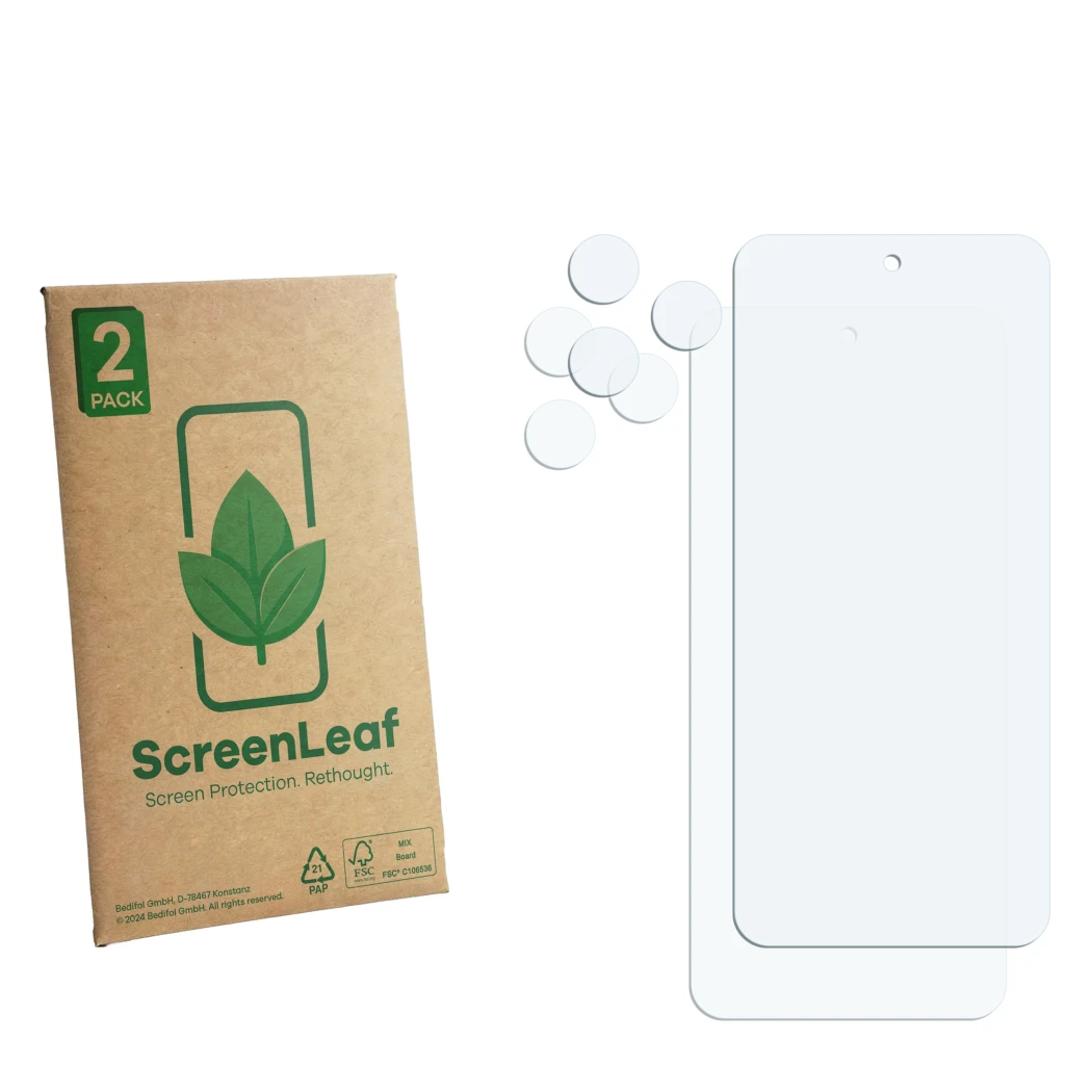 Parte frontale di una confezione del prodotto con il logo del marchio ScreenLeaf. Accanto si trova la protezione per lo scherm
