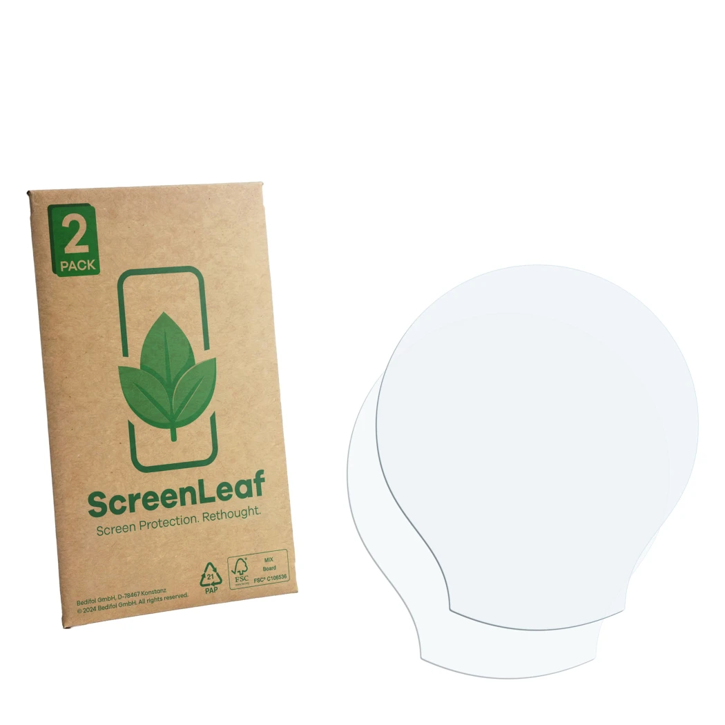 Parte frontale di una confezione del prodotto con il logo del marchio ScreenLeaf. Accanto si trova la protezione per lo scherm