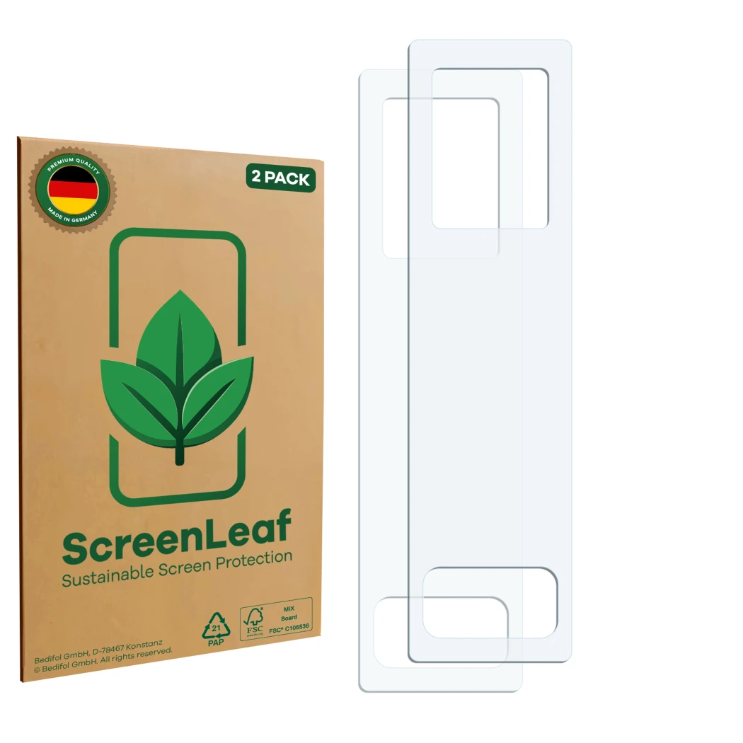 Parte frontale di una confezione del prodotto con il logo del marchio ScreenLeaf. Accanto si trova la protezione per lo scherm