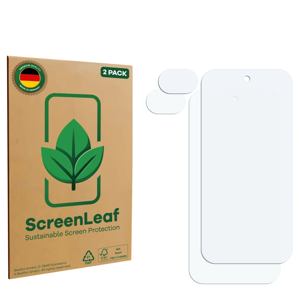 Parte frontale di una confezione del prodotto con il logo del marchio ScreenLeaf. Accanto si trova la protezione per lo scherm