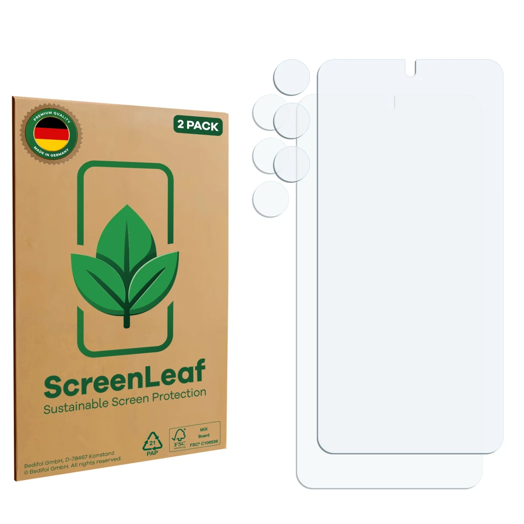 Parte frontale di una confezione del prodotto con il logo del marchio ScreenLeaf. Accanto si trova la protezione per lo scherm