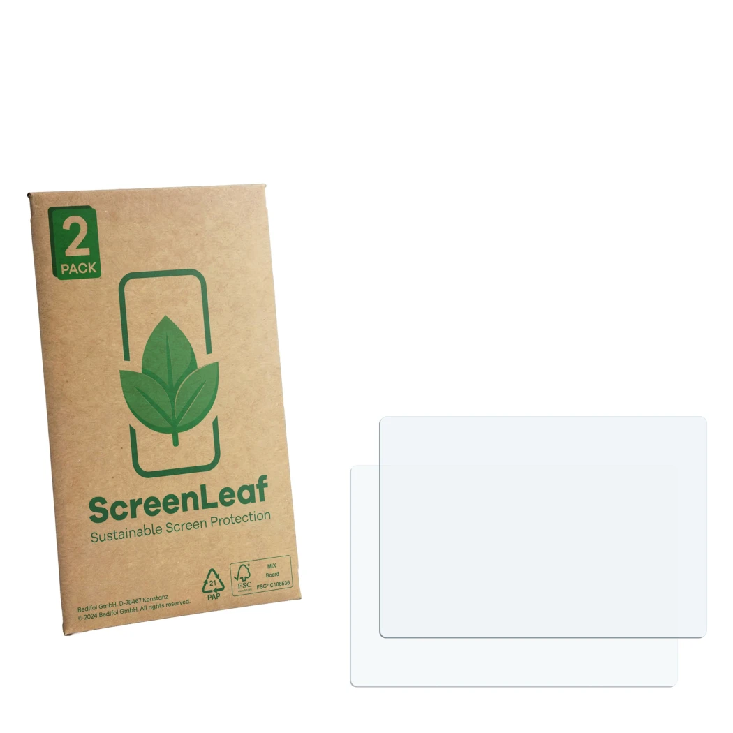 Parte frontale di una confezione del prodotto con il logo del marchio ScreenLeaf. Accanto si trova la protezione per lo scherm