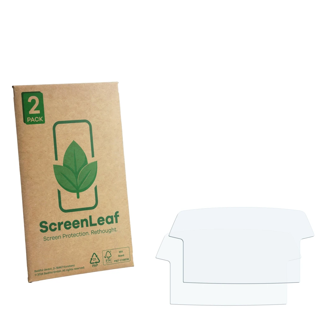 Parte frontale di una confezione del prodotto con il logo del marchio ScreenLeaf. Accanto si trova la protezione per lo scherm