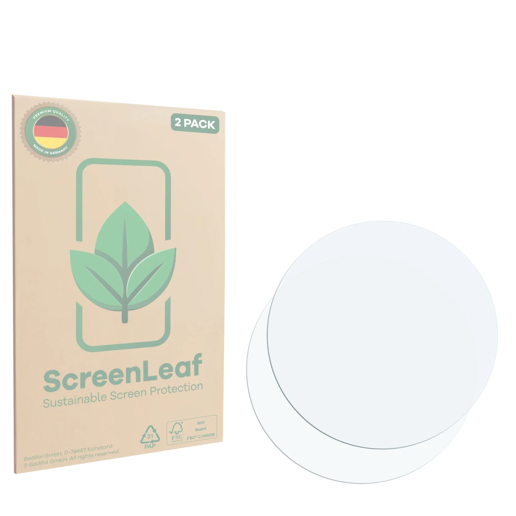 Parte frontale di una confezione del prodotto con il logo del marchio ScreenLeaf. Accanto si trova la protezione per lo scherm