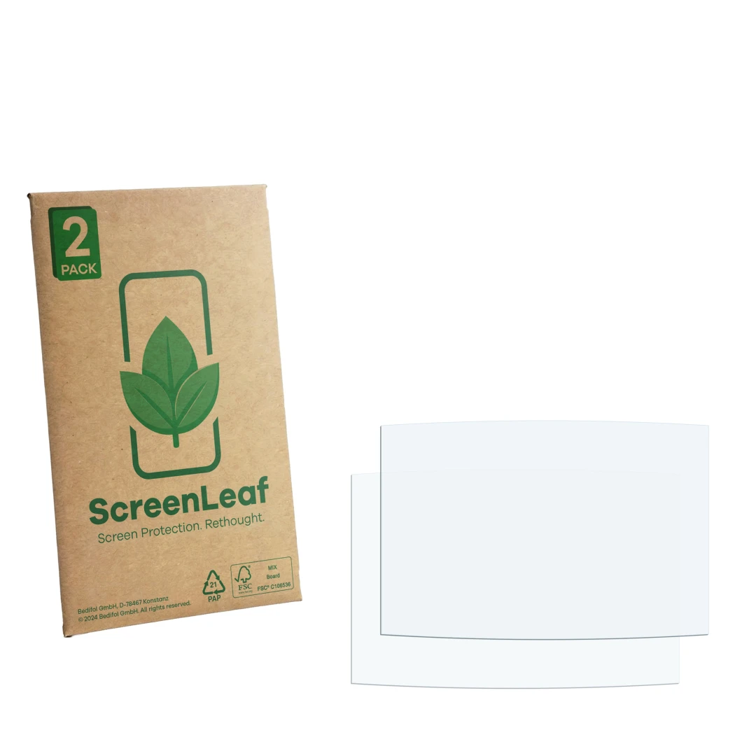 Parte frontale di una confezione del prodotto con il logo del marchio ScreenLeaf. Accanto si trova la protezione per lo scherm