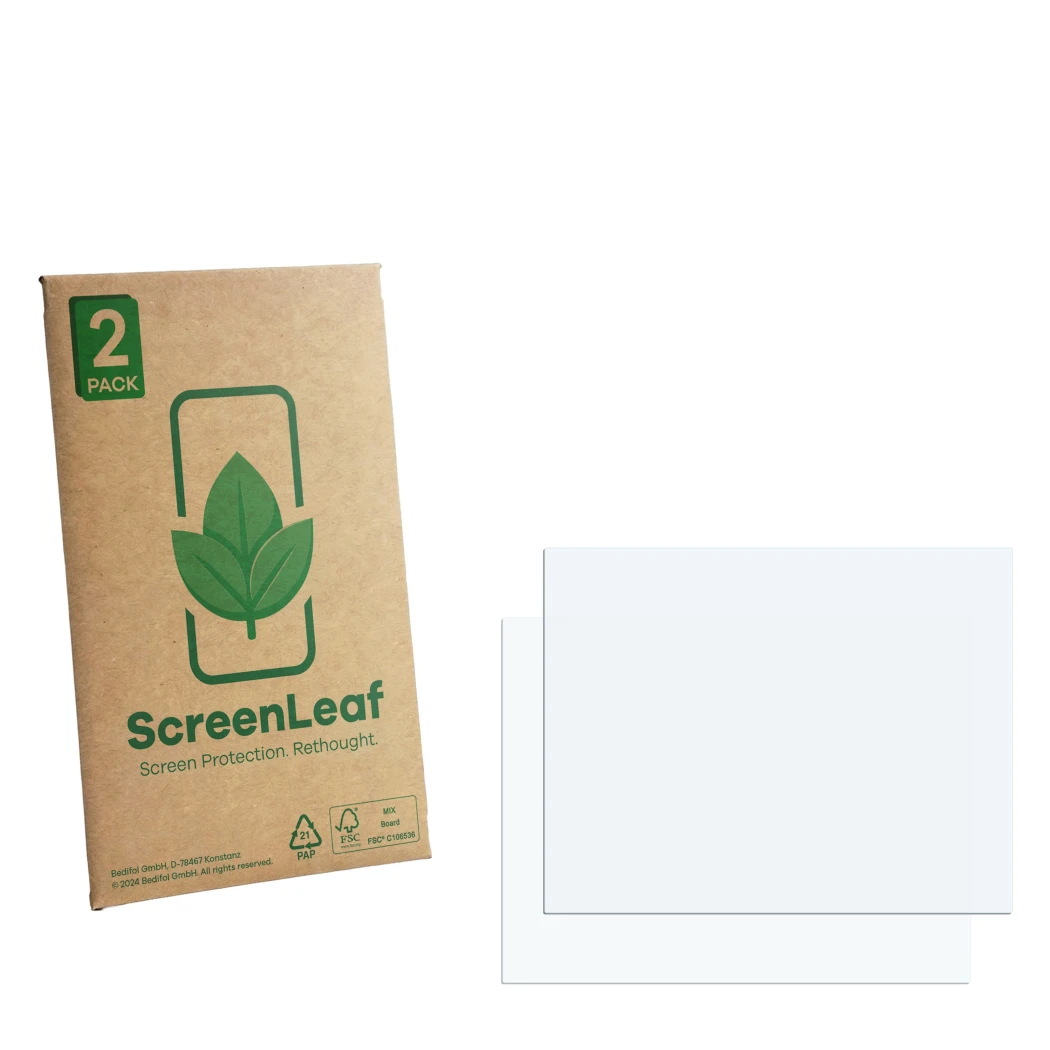 Parte frontale di una confezione del prodotto con il logo del marchio ScreenLeaf. Accanto si trova la protezione per lo scherm