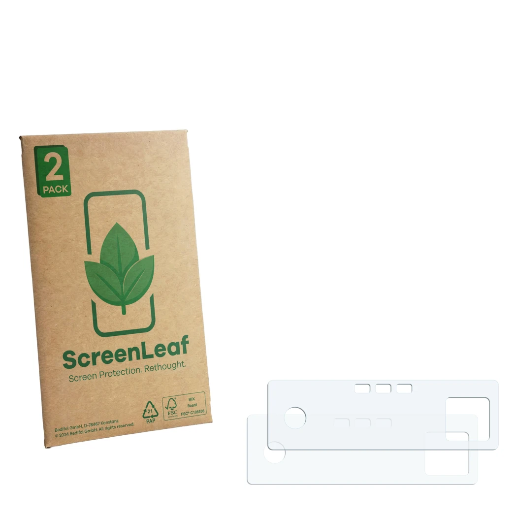 Parte frontale di una confezione del prodotto con il logo del marchio ScreenLeaf. Accanto si trova la protezione per lo scherm