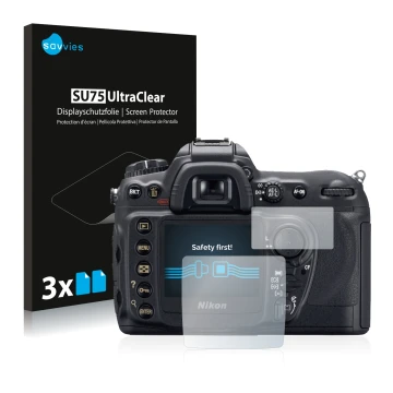 Parte frontale di una confezione del prodotto con il logo del marchio Savvies. Accanto è raffigurato il dispositivo Nikon D200