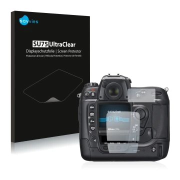 Parte frontale di una confezione del prodotto con il logo del marchio Savvies. Accanto è raffigurato il dispositivo Nikon D2X 