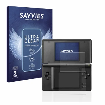 Parte frontale di una confezione del prodotto con il logo del marchio Savvies. Accanto è raffigurato il dispositivo Nintendo D