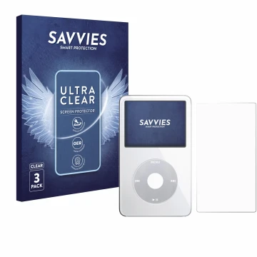 Parte frontale di una confezione del prodotto con il logo del marchio Savvies. Accanto è raffigurato il dispositivo Apple iPod
