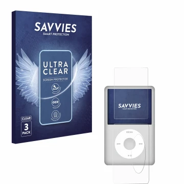 Parte frontale di una confezione del prodotto con il logo del marchio Savvies. Accanto è raffigurato il dispositivo Apple iPod