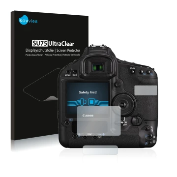 Parte frontale di una confezione del prodotto con il logo del marchio Savvies. Accanto è raffigurato il dispositivo Canon EOS 