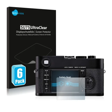 Parte frontale di una confezione del prodotto con il logo del marchio Savvies. Accanto è raffigurato il dispositivo Leica M8 c