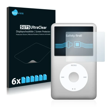 Parte frontale di una confezione del prodotto con il logo del marchio Savvies. Accanto è raffigurato il dispositivo Apple iPod