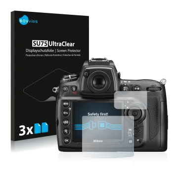 Parte frontale di una confezione del prodotto con il logo del marchio Savvies. Accanto è raffigurato il dispositivo Nikon D700