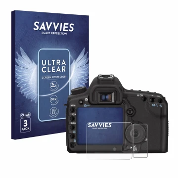 Parte frontale di una confezione del prodotto con il logo del marchio Savvies. Accanto è raffigurato il dispositivo Canon EOS 