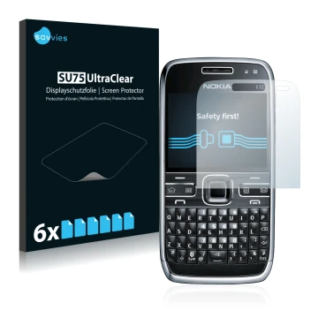 Parte frontale di una confezione del prodotto con il logo del marchio Savvies. Accanto è raffigurato il dispositivo Nokia E72 