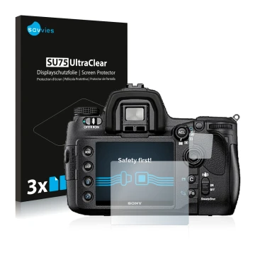 Parte frontale di una confezione del prodotto con il logo del marchio Savvies. Accanto è raffigurato il dispositivo Sony Alpha