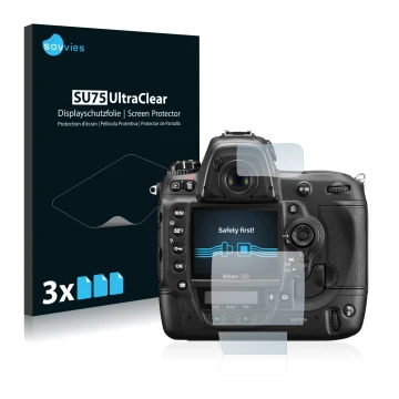 Parte frontale di una confezione del prodotto con il logo del marchio Savvies. Accanto è raffigurato il dispositivo Nikon D3S 
