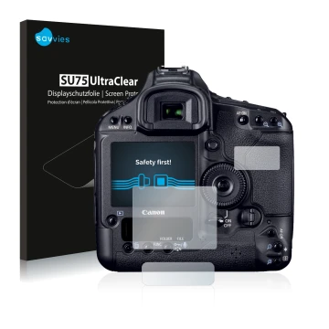 Parte frontale di una confezione del prodotto con il logo del marchio Savvies. Accanto è raffigurato il dispositivo Canon EOS 