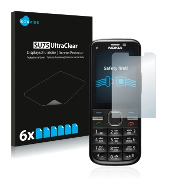 Parte frontale di una confezione del prodotto con il logo del marchio Savvies. Accanto è raffigurato il dispositivo Nokia C5-0