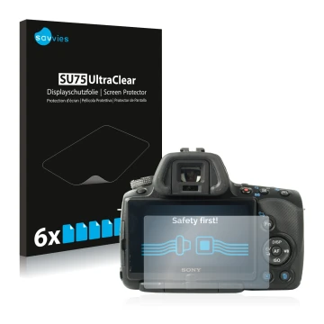 Parte frontale di una confezione del prodotto con il logo del marchio Savvies. Accanto è raffigurato il dispositivo Sony Alpha