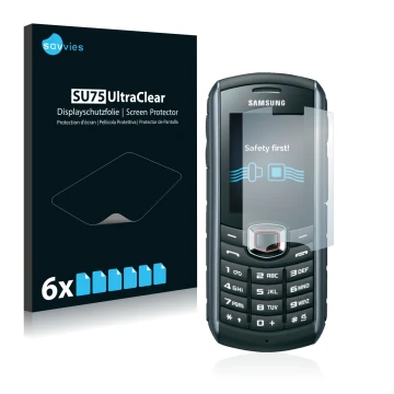 Parte frontale di una confezione del prodotto con il logo del marchio Savvies. Accanto è raffigurato il dispositivo Samsung B2