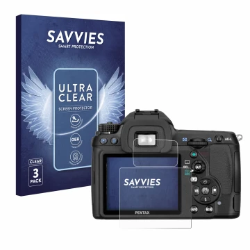 Parte frontale di una confezione del prodotto con il logo del marchio Savvies. Accanto è raffigurato il dispositivo Pentax K5,