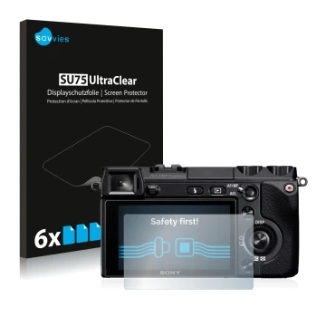 Parte frontale di una confezione del prodotto con il logo del marchio Savvies. Accanto è raffigurato il dispositivo Sony Alpha