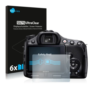 Parte frontale di una confezione del prodotto con il logo del marchio Savvies. Accanto è raffigurato il dispositivo Sony Alpha