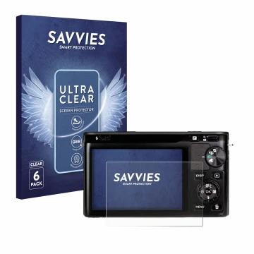 Parte frontale di una confezione del prodotto con il logo del marchio Savvies. Accanto è raffigurato il dispositivo Nikon 1 J1
