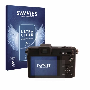 Parte frontale di una confezione del prodotto con il logo del marchio Savvies. Accanto è raffigurato il dispositivo Nikon 1 V1