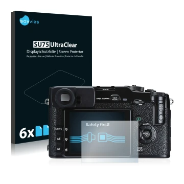 Parte frontale di una confezione del prodotto con il logo del marchio Savvies. Accanto è raffigurato il dispositivo Fujifilm X