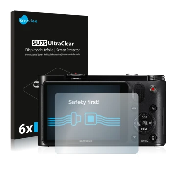 Parte frontale di una confezione del prodotto con il logo del marchio Savvies. Accanto è raffigurato il dispositivo Samsung NX