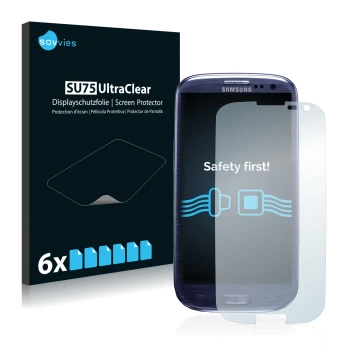 Parte frontale di una confezione del prodotto con il logo del marchio Savvies. Accanto è raffigurato il dispositivo Samsung Ga