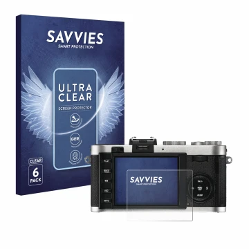 Parte frontale di una confezione del prodotto con il logo del marchio Savvies. Accanto è raffigurato il dispositivo Leica X2 c