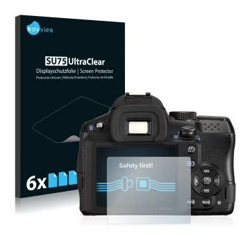 Parte frontale di una confezione del prodotto con il logo del marchio Savvies. Accanto è raffigurato il dispositivo Pentax K-3