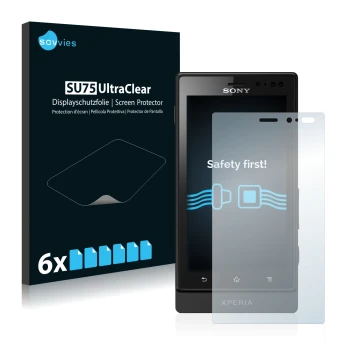 Parte frontale di una confezione del prodotto con il logo del marchio Savvies. Accanto è raffigurato il dispositivo Sony Xperi
