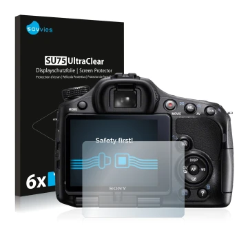 Parte frontale di una confezione del prodotto con il logo del marchio Savvies. Accanto è raffigurato il dispositivo Sony Alpha