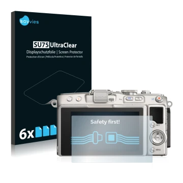 Parte frontale di una confezione del prodotto con il logo del marchio Savvies. Accanto è raffigurato il dispositivo Olympus PE