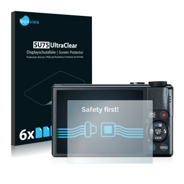 Parte frontale di una confezione del prodotto con il logo del marchio Savvies. Accanto è raffigurato il dispositivo Canon Powe