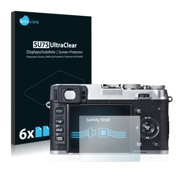 Parte frontale di una confezione del prodotto con il logo del marchio Savvies. Accanto è raffigurato il dispositivo Fujifilm X