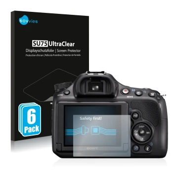 Parte frontale di una confezione del prodotto con il logo del marchio Savvies. Accanto è raffigurato il dispositivo Sony Alpha