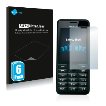 Parte frontale di una confezione del prodotto con il logo del marchio Savvies. Accanto è raffigurato il dispositivo Nokia 301 